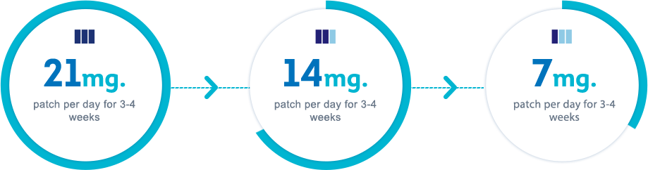 Heavy smoker - 21mg patch per day for 3-4 weeks, Moderate/Light smoker - 14mg patch per day for 3-4 weeks or 7mg patch per day 3-4 weeks.
